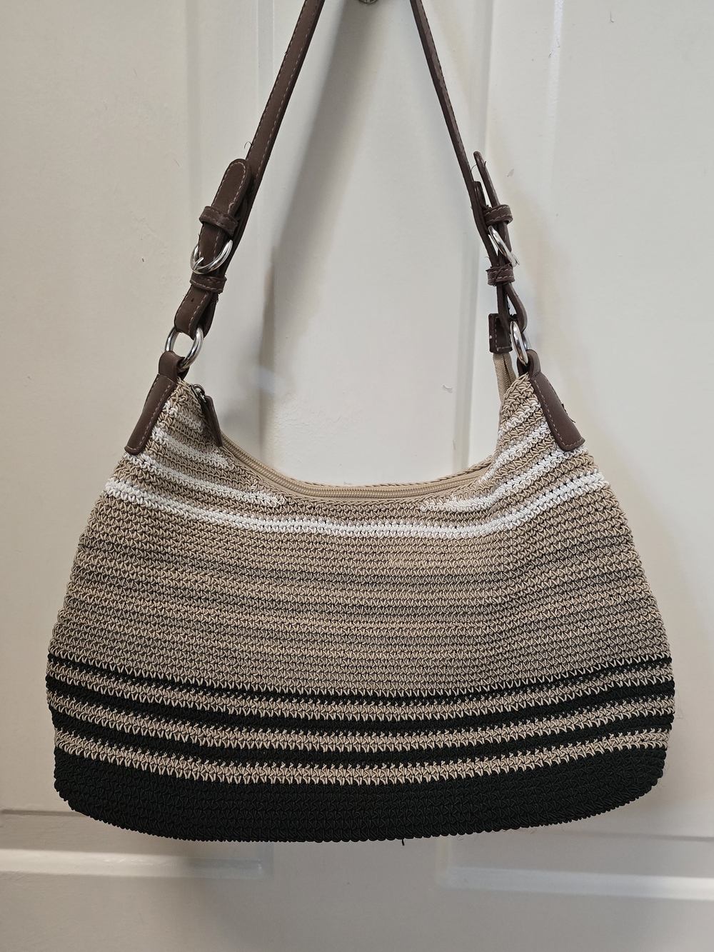 Woven Striped Shoulder Bag – Beige, Black & White- Unbranded